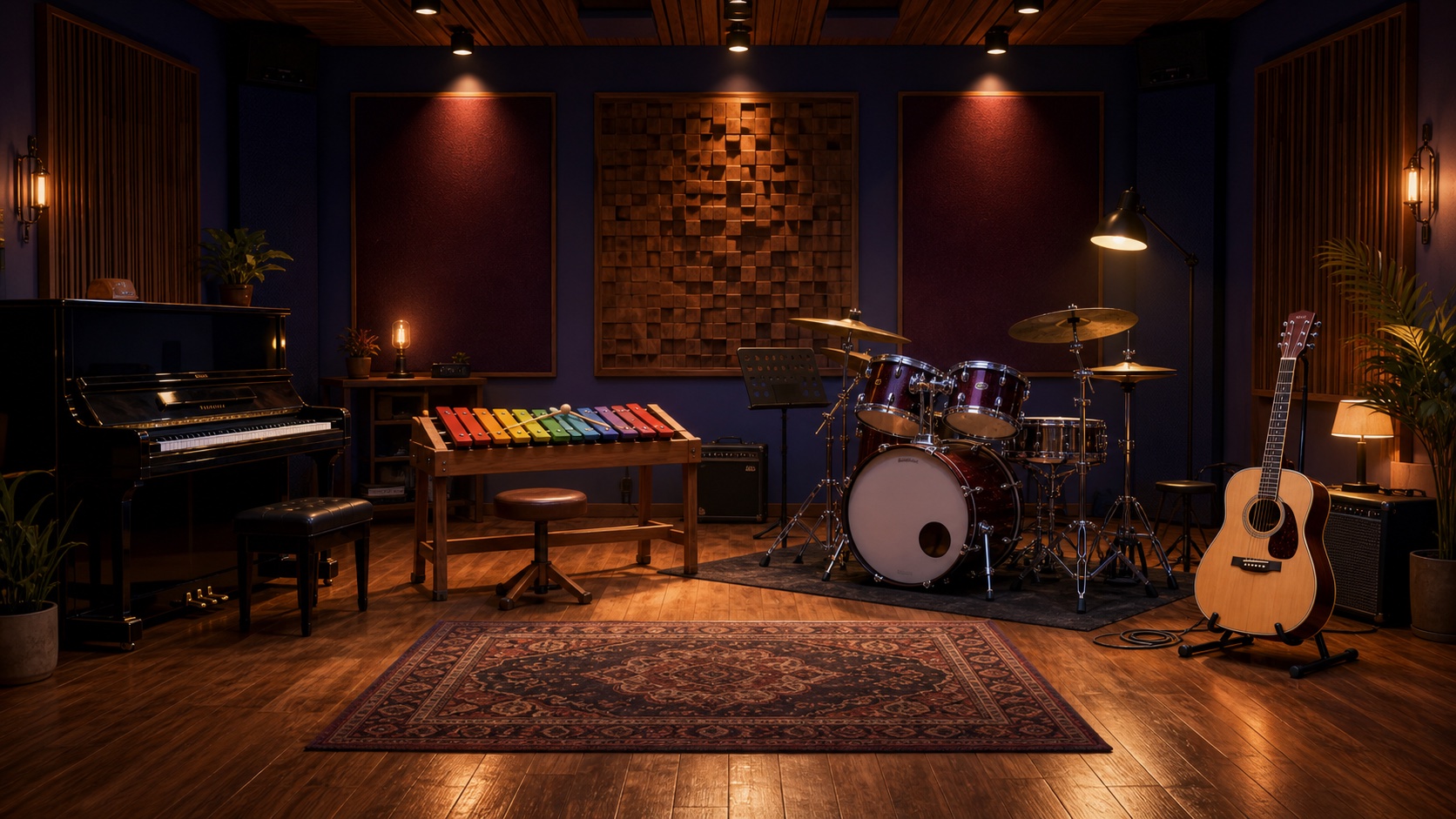 A warm recording studio with a piano, xylophone, drum kit, and guitar arranged as four stations